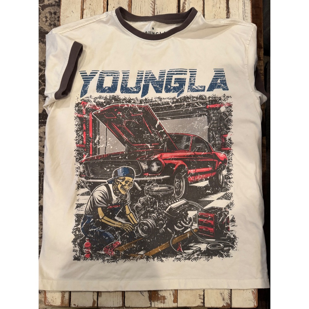 YoungLA Skeleton Mechanic Muscle Car Ringer Graphic Tee Cream Grey Mens Small
